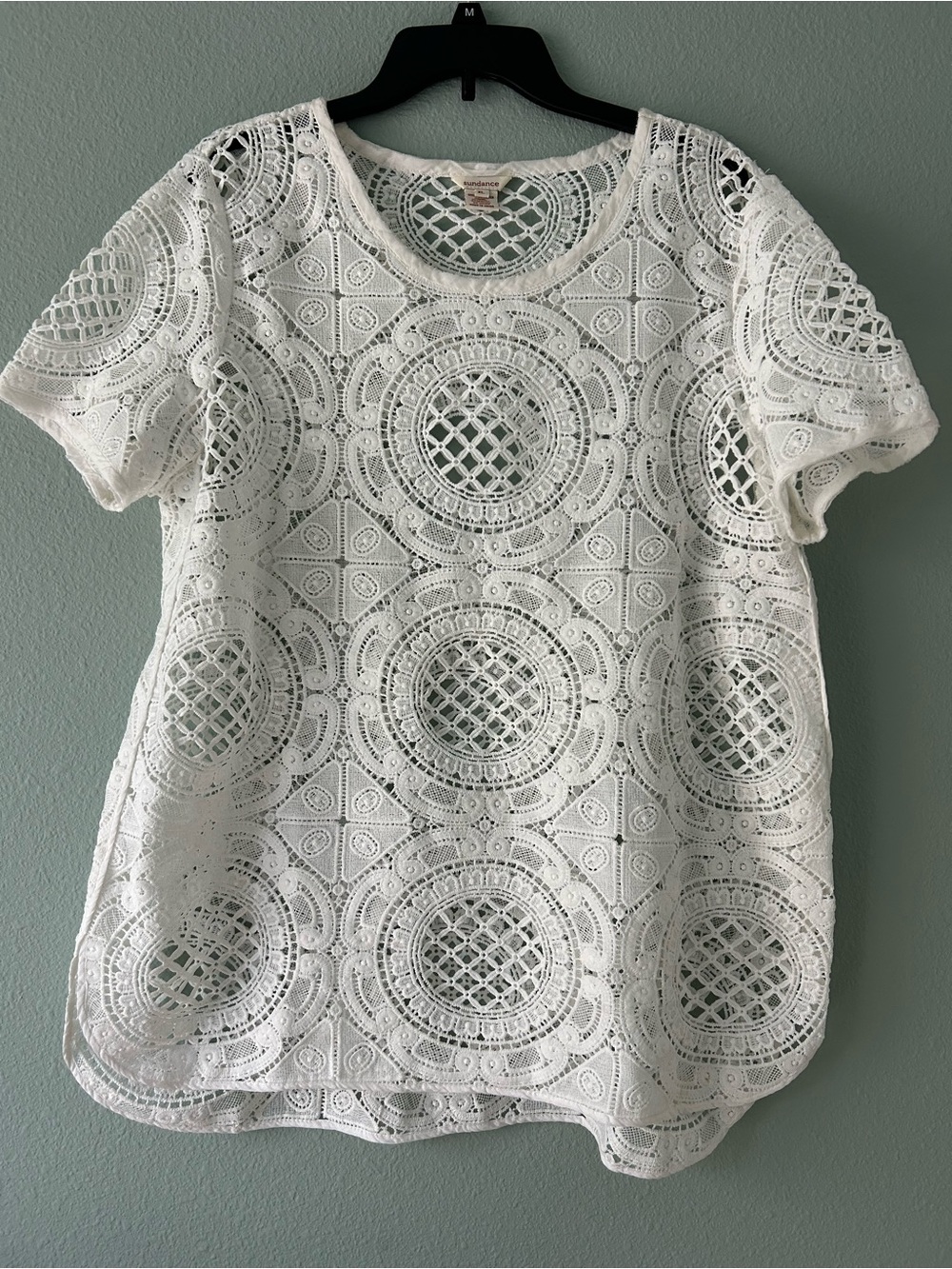 Sundance White Crochet Circle-Pattern Short Sleeve Blouse